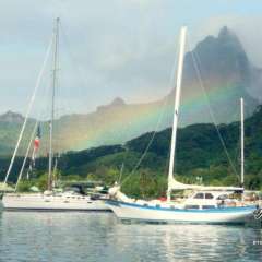 Cook's Bay rainbow. The colors, boats, activity and sky changed constantly in our little bay.